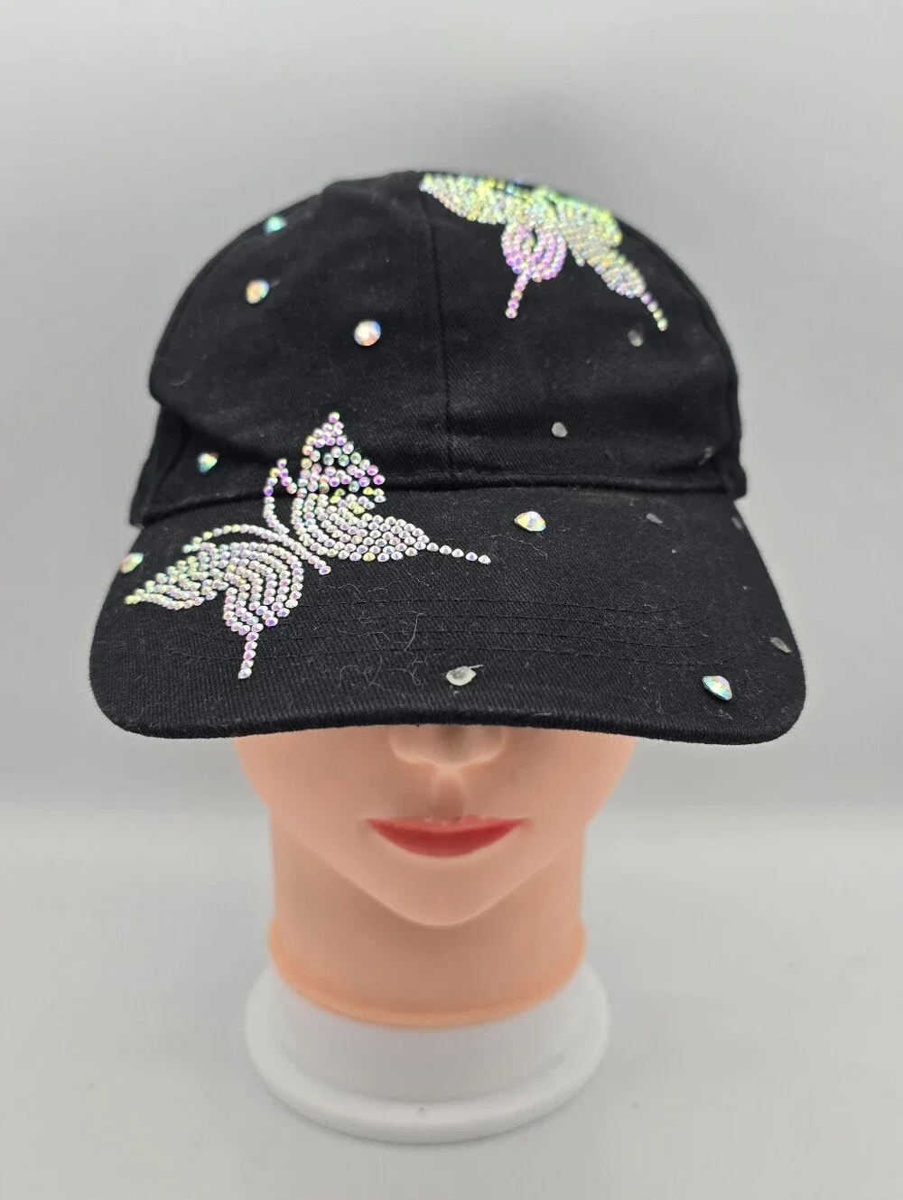 Women's Black Cotton Rhinestone Butterfly Adjustable Baseball Hat